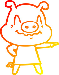 warm gradient line drawing of a nervous cartoon pig wearing dress