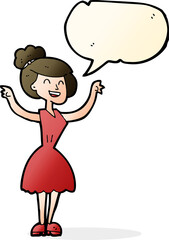 cartoon woman with raised arms with speech bubble