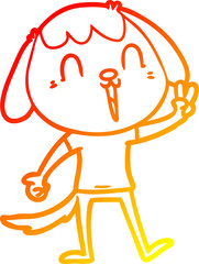 warm gradient line drawing of a happy cartoon dog giving peace sign