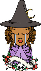 Retro Tattoo Style crying human witch with natural D20 roll