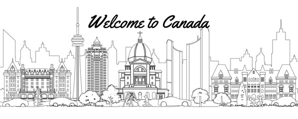 Canada famous landmarks silhouette outline style
