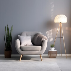 Armchair with pillow, glowing lamp, plant in pot, ottoman and round carpet on floor on gray wall background in living room