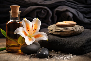 Spa composition with Lily flower essential oil and towels - obrazy, fototapety, plakaty