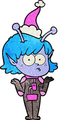 hand drawn textured cartoon of a alien girl wearing santa hat