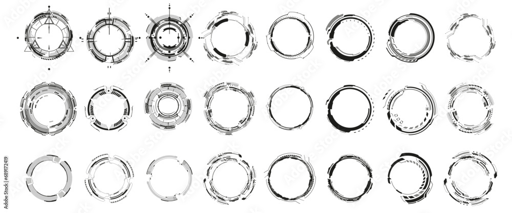 Poster set of abstract technical circles with futuristic design elements on white background. set of circle