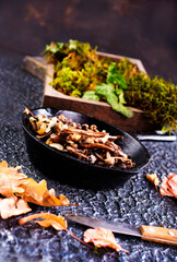 Frying pan with fried mushrooms on dark background