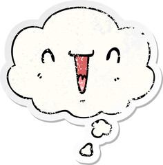 cute happy cartoon face with thought bubble as a distressed worn sticker