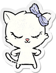 distressed sticker of a cute cartoon cat with bow