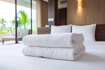 A stack of clean white cotton terry towels on a bed in a hotel room.