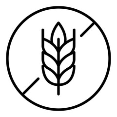 Black single round gluten free badge thin line icon, ingredient no contain mark flat design pictogram, infographic vector for app logo web button ui ux interface elements isolated on white background
