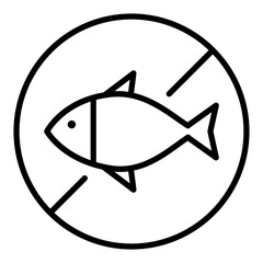 Black single round fish free thin line icon, allergy ingredient no contain mark flat design pictogram, infographic for app logo web button ui ux interface elements isolated on white background