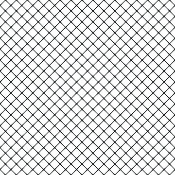 Black metal mesh on a white background. Diagonal crossed lines. Wire fence made of small squares. Geometric texture. Seamless repeating pattern. Vector illustration.
