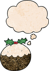 cartoon christmas pudding with thought bubble in grunge texture style