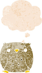 cartoon owl with thought bubble in grunge distressed retro textured style