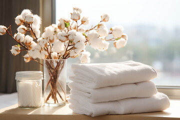 A stack of clean white terry towels and cotton flowers on the table in the bathroom.