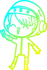 Fototapeta premium cold gradient line drawing of a happy cartoon space girl giving peace sign