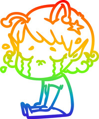 rainbow gradient line drawing of a cartoon crying alien girl