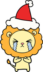 hand drawn line drawing of a crying lion wearing santa hat