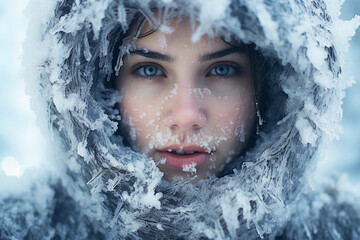 Young woman frozen on the street, ice on her face