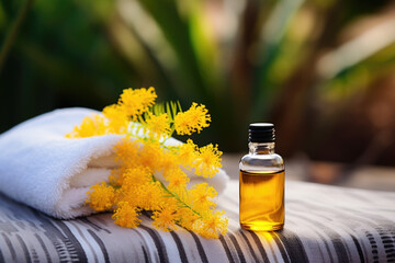 Spa composition with mimosa flower essential oil, zen stones and towels