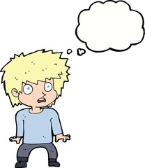 cartoon frightened boy with thought bubble