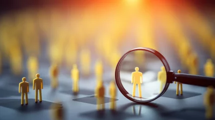 Foto auf Alu-Dibond HRM or Human Resource Management, Magnifier glass focus to manager icon which is among staff icons for human development recruitment leadership and customer target. resume, interview. generate by AI © pinkrabbit