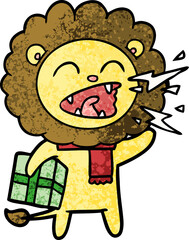 cartoon roaring lion with present