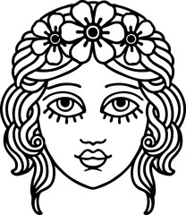 tattoo in black line style of female face with crown of flowers