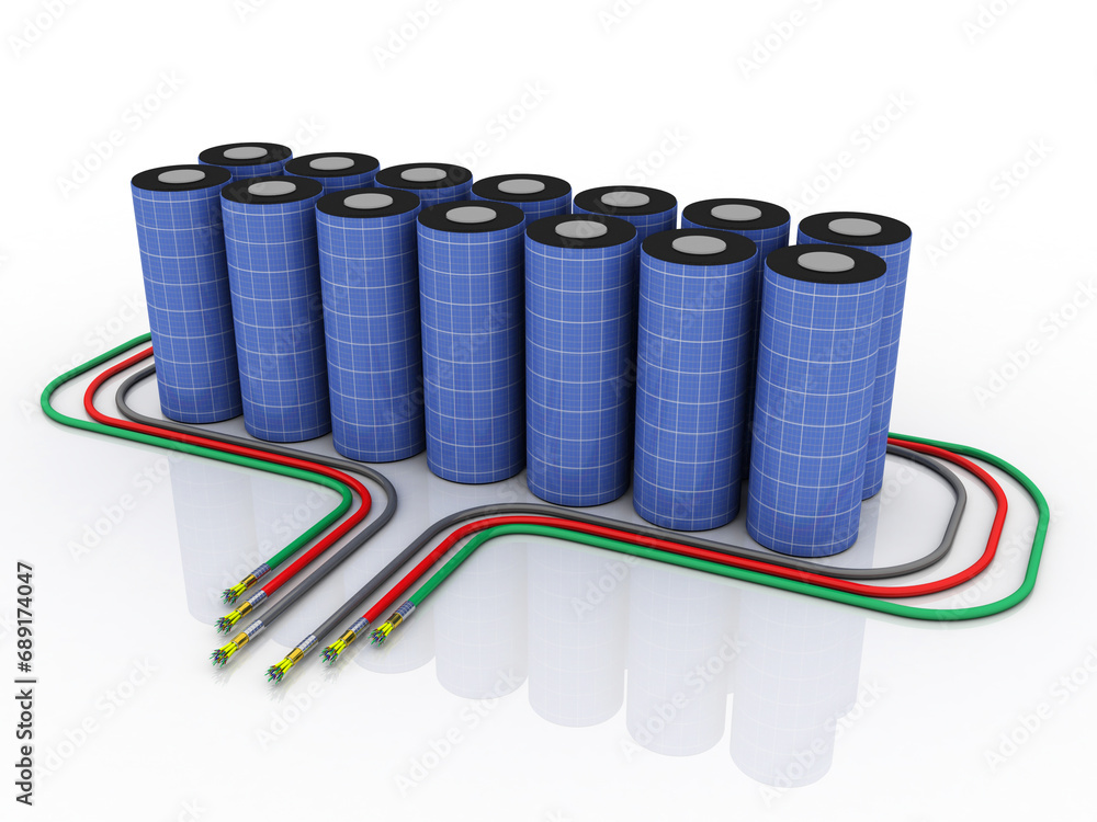 Poster 3d rendering electrical energy and power supply source concept, accumulator battery with charging le