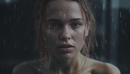 Wet-haired Scandinavian beauty under umbrella, raw and captivating