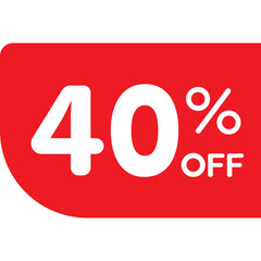 Single red 40% ribbon tag icon, simple modern shopping promo sale flat design vector pictogram, infographic vector for app logo web button ui ux interface elements isolated on white background