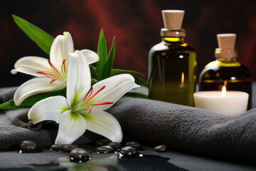Fototapeta na wymiar Spa composition with Lily flower essential oil and towels