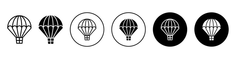 parachute icon. Hot air balloon for travel transport symbol. Floating stripped aerostat flight with basket vector.