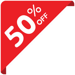 Single red 50% corner price tag icon, simple round shopping sale label flat design vector pictogram, infographic vector for app logo web button ui ux interface elements isolated on white background