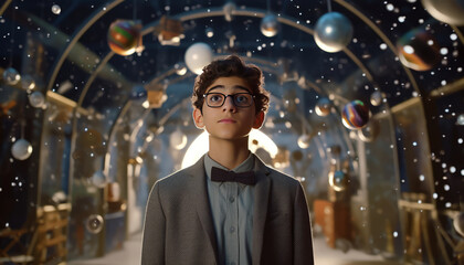 Fototapeta premium Young Middle Eastern boy explores space science exhibition on a school trip