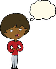 cartoon woman making Who Me? gesture with thought bubble