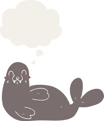cartoon seal with thought bubble in retro style