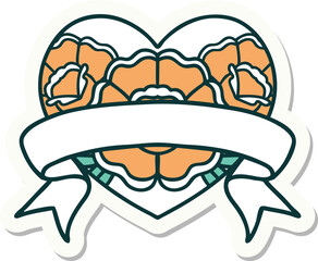 sticker of tattoo in traditional style of a heart and banner with flowers