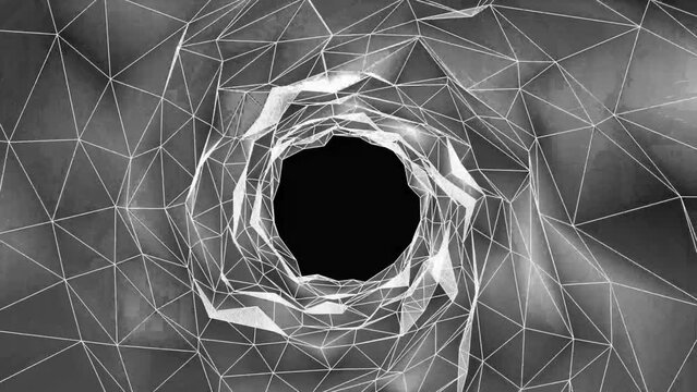 Abstract wireframe tunnel or funnel technology animated background. Futuristic technology digital dots and triangle connected line abstract background concept.