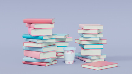 stack of colorful books on light blue background, 3d render