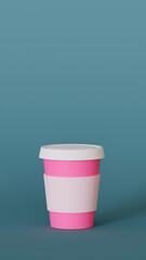 pink paper cup take-away, green background, 3d render 