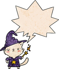 magical amazing cartoon cat wizard with speech bubble in retro texture style