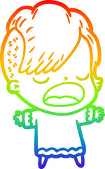 rainbow gradient line drawing of a cartoon cool hipster girl talking