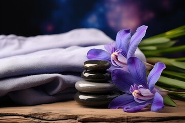 Spa composition with iris essential oil, zen stones and towels