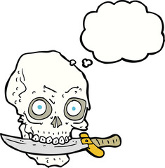 cartoon pirate skull with knife in teeth with thought bubble