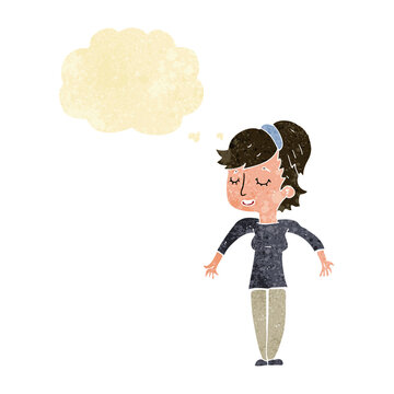 recommend clip art: cartoon friendly woman shrugging shoulders with thought bubble
