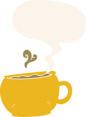 cartoon coffee cup with speech bubble in retro style