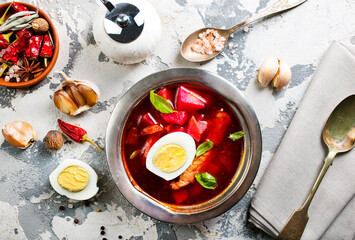 Traditional Ukrainian Russian borscht . Bowl of red beet root soup borsch with boiled egg