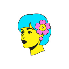 Y2k beautiful retro woman with flower in hair portrait groovy style icon vector flat illustration