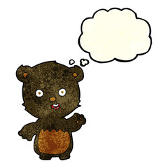 cartoon waving black bear cub with thought bubble